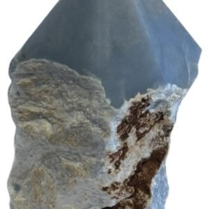 Natural rough angelite freeform with polished point 3 sians emporium Natural rough angelite freeform crystal with unpolished sides and a smooth polished blue point standing on a white background